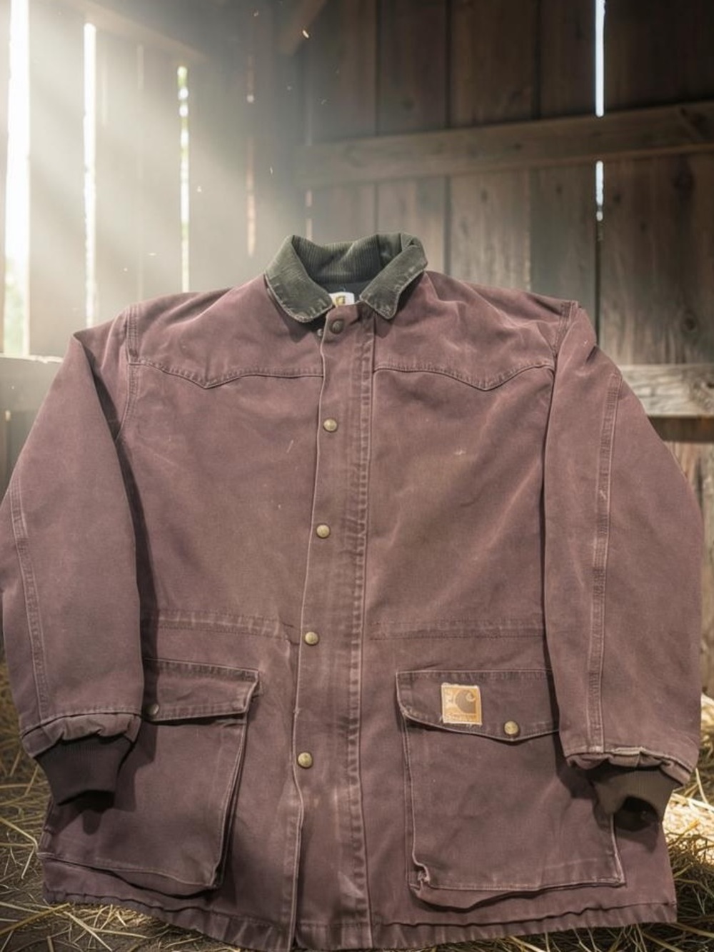 Vintage 1990’s Carhartt Men's Plum Canvas Work Jacket with Corduroy Collar